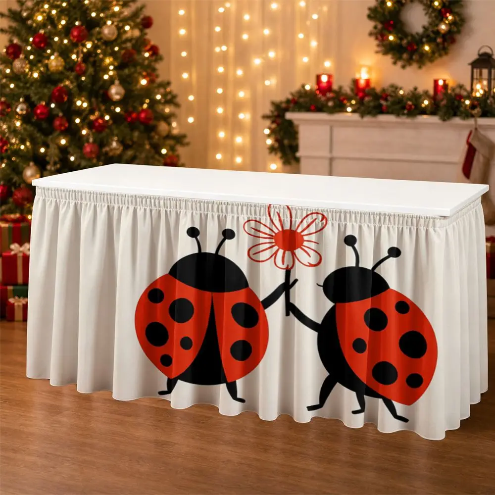 One-piece set with a table skirt decoration. Two ladybugs holding flowers. Ruffled tablecloth.