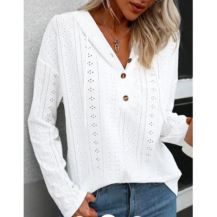 

New Cotton Hollow Out Shirt Blouse Women Fashion Solid Long Sleeve Hooded Sweatshirt Spring Autumn Casual Loose Pullover Tops