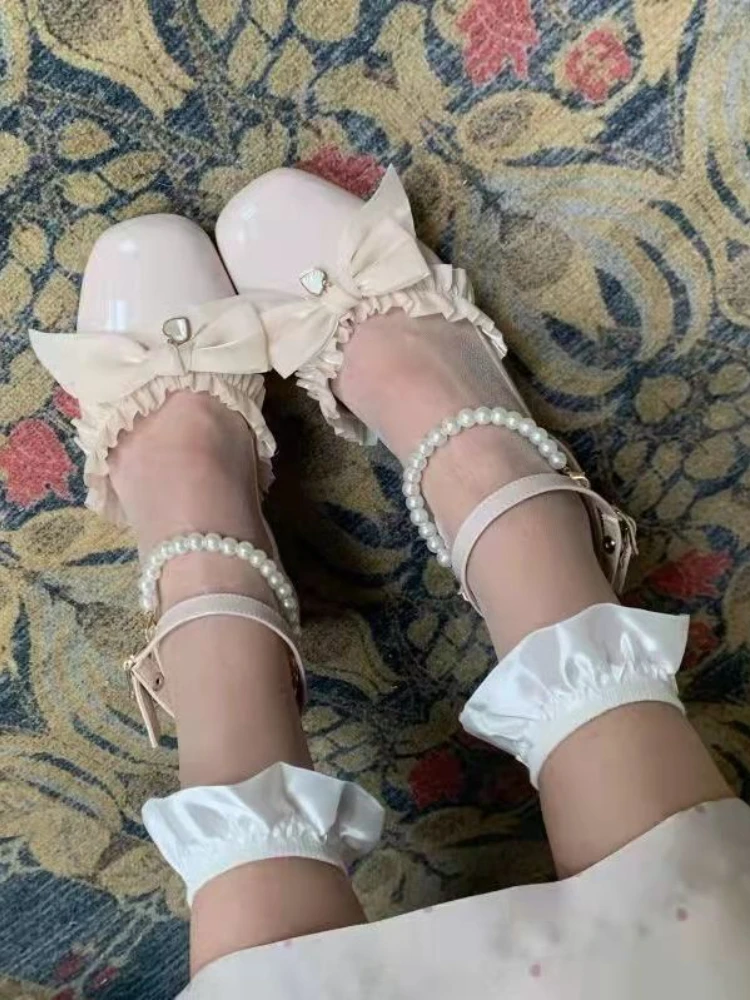 Kokardka Lolita Kawaii buty Mary jane kobiety eleganckie Sting koralik Vintage czółenka damskie styl japoński urocze buty lato 2023