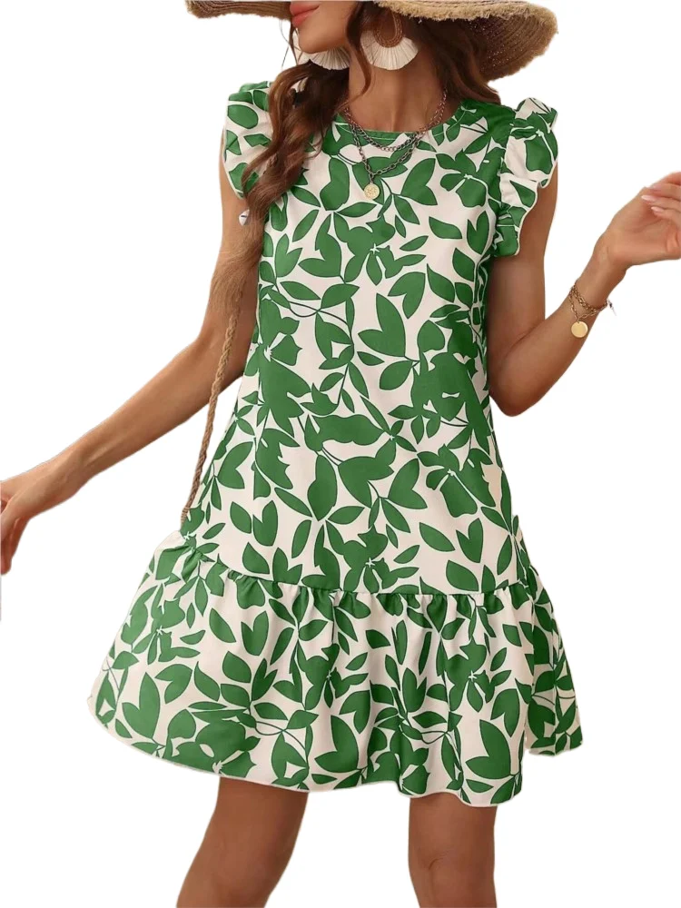 

Summer Women Print Dress Fahsion O Neck Sleeveless Ruffles Loose Casual Dresses Female Elegant Office Beach Party Dress New 2024