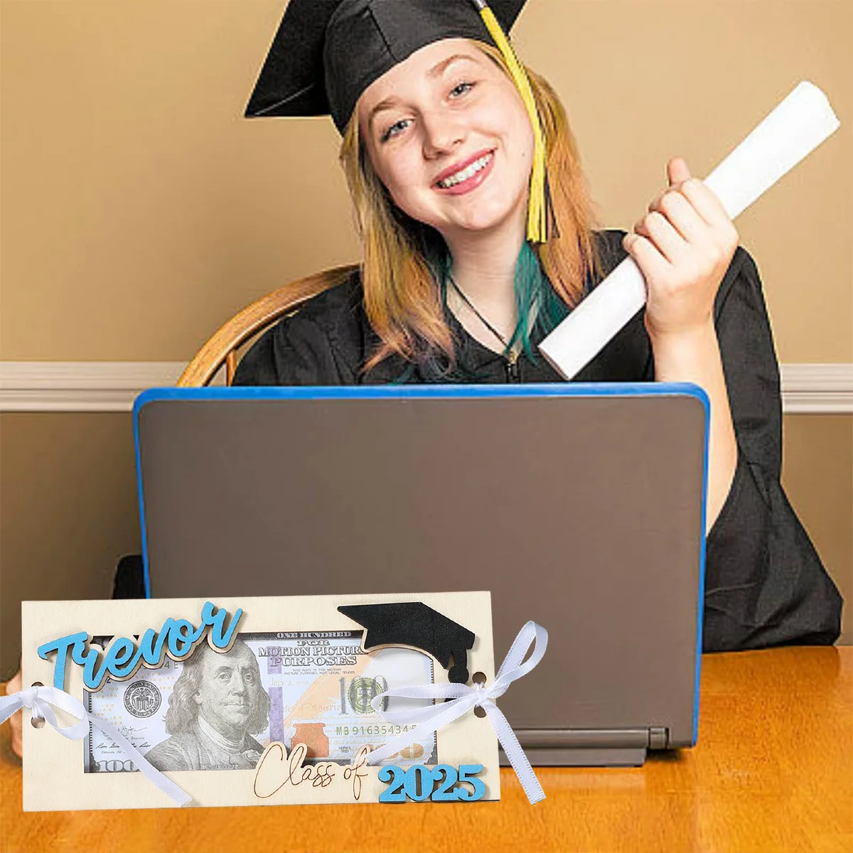 Porte-monnaie en bois avec cadre photo, décoration de remise des diplômes, portefeuille de remise des diplômes, boîte de rangement en espèces, décor de bureau, classe 2025