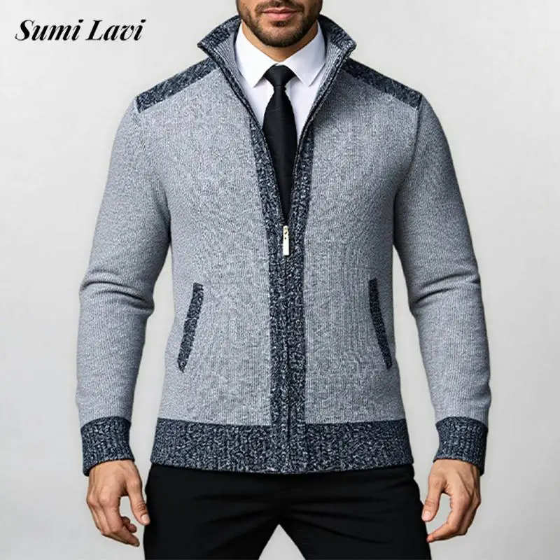

Fall Winter Daily Casual Mens Sweatercoats Vintage Slim Zipper Stand Collar Knit Jackets Men Fashion Patchwork Knitted Cardigan
