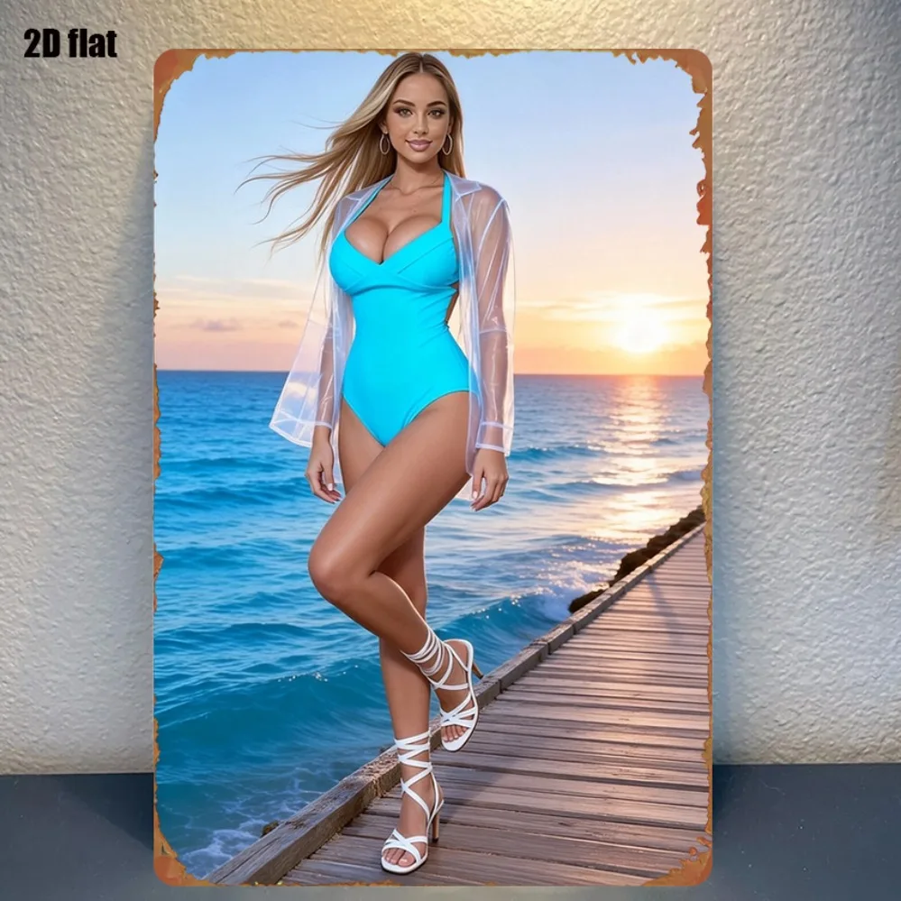 Beach Sunset Swimsuit Beauty Metal Sign, Inspirational Style Wall Art for Living Room Game Room Home Decor 20x30cm