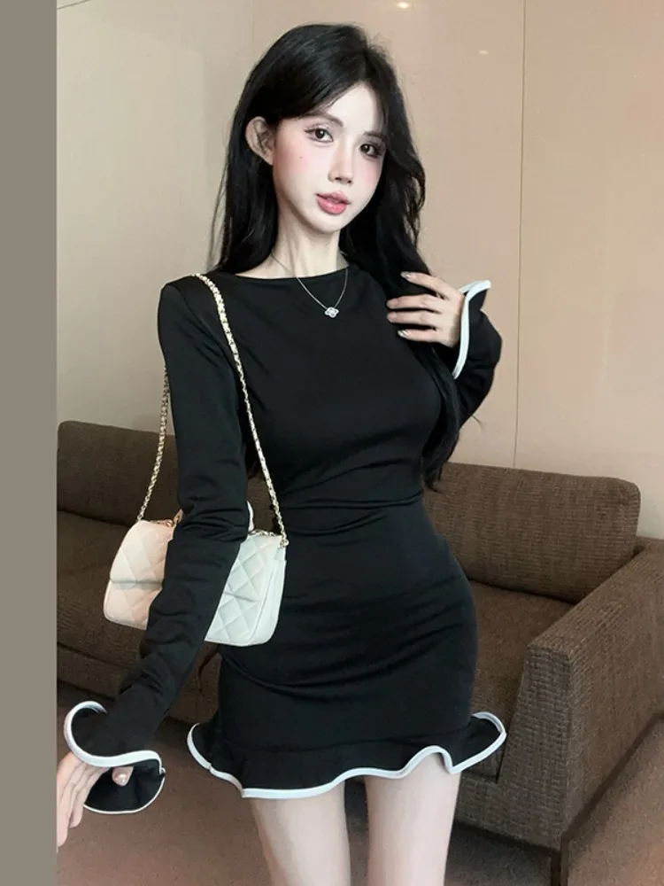 

Slim Fit Short Dress Korean Style Girl's Sensation Lace Trim Cuffed Sleeveless Women's Lazy Color Block Bell Sleeve Dress