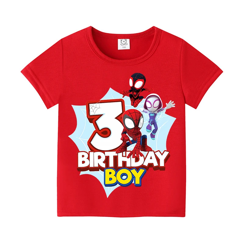 

Spiderman Marvels Short Sleeve Red T-shirt Boys Cartoon Figure Summer Tee Children Kids Clothes Birthday Number T-shirts Gifts