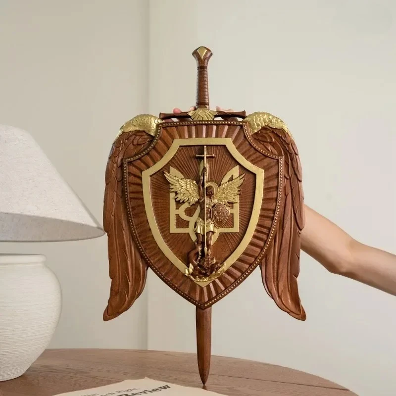 Wood Carving Holy Sword Archangel Michael Shield  Icon Art Statues Wall Hanging Decor