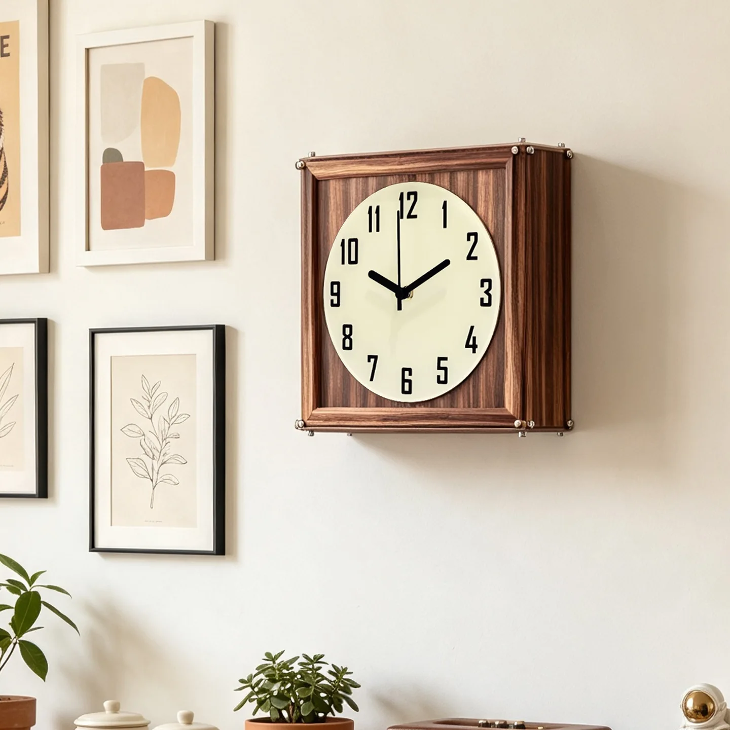 Personalized acrylic square walnut wood pattern single-sided clock silent sweep second hand movement
