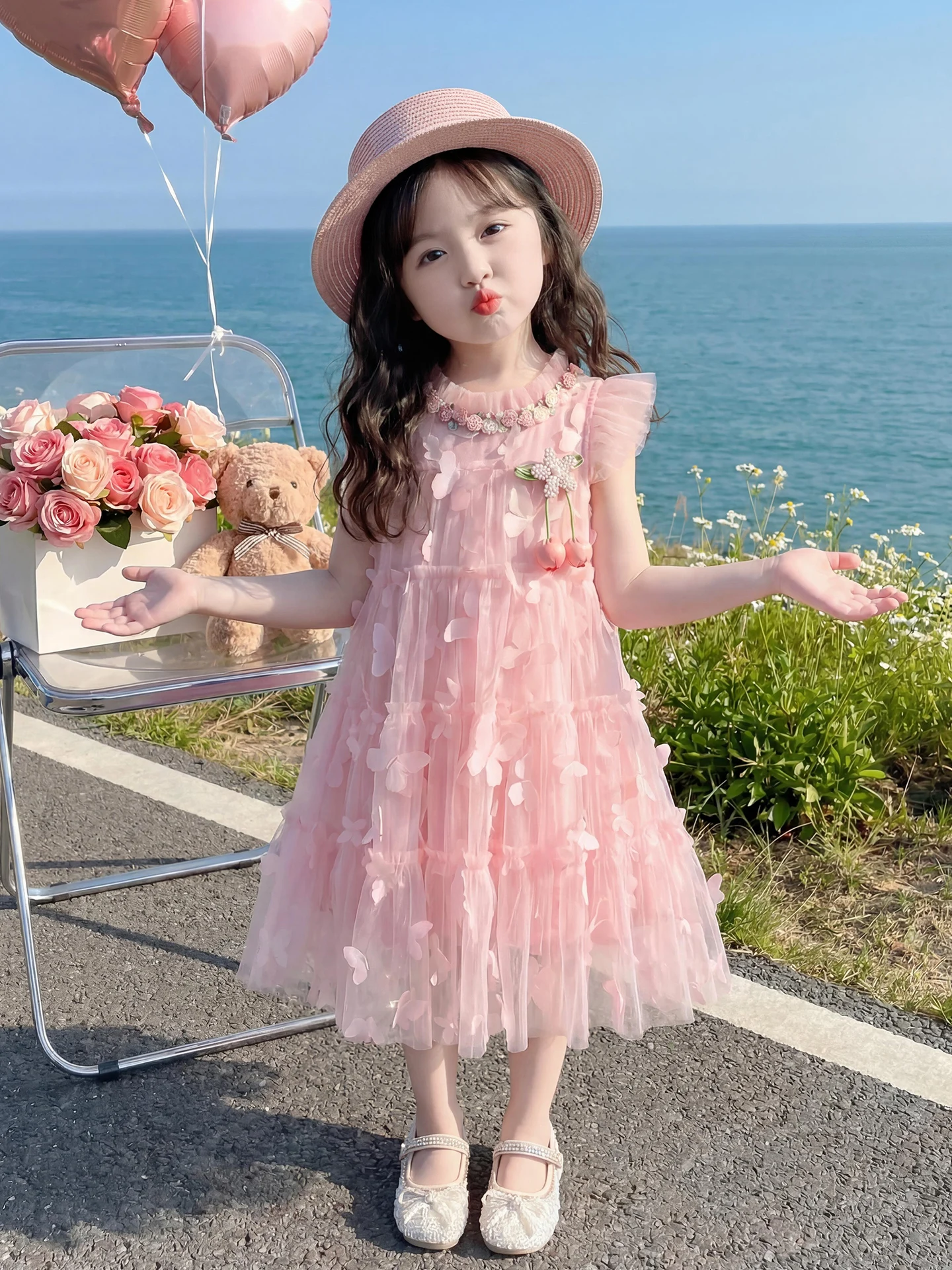 プリンセススタイル蝶々柄3dサマードレス-女の子用-スイートピンク-誕生日コスチューム-子供服-ソフトミックス生地