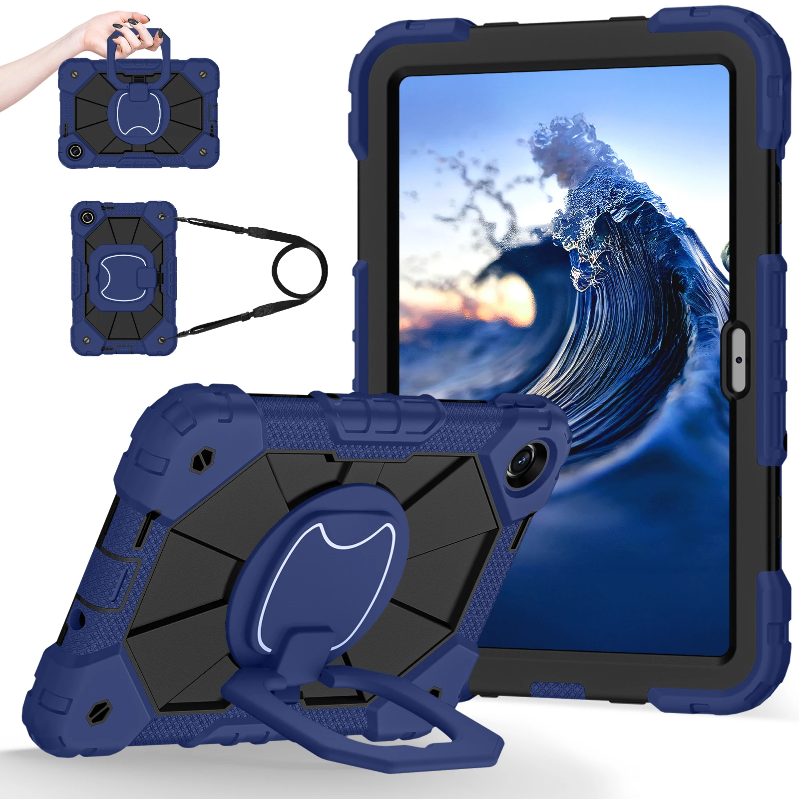 For Xiaomi Redmi Pad 2 SE Case Silicone + PC Hand Grip Kickstand Tablet Cover with Shoulder Strap - Navy Blue+Black