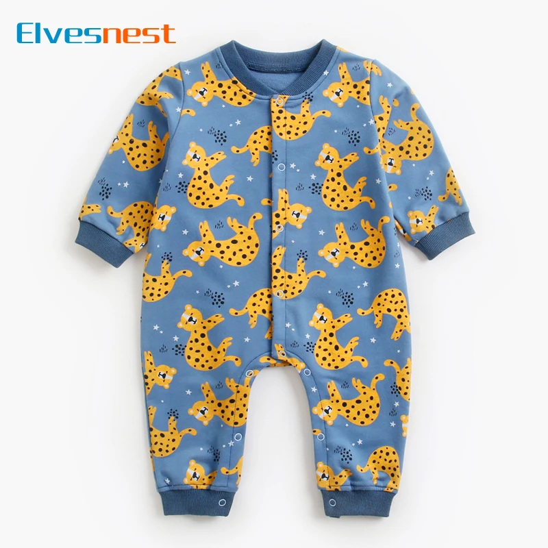 Baby Boys Romper 1‑3 Years Long Sleeve Cartoon Print Jumpsuit Toddler Button Closure One‑Piece Outfit Infant Casual Clothes