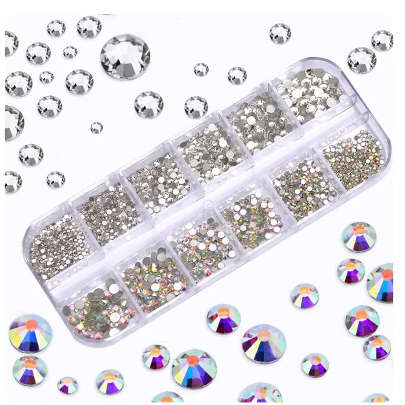 Multi Tamanhos Clear Crystal AB Nail Rhinestones Set, DIY Nail Art Decoração, Diamantes com Ferramentas, Unhas Acessórios, 12 Grades