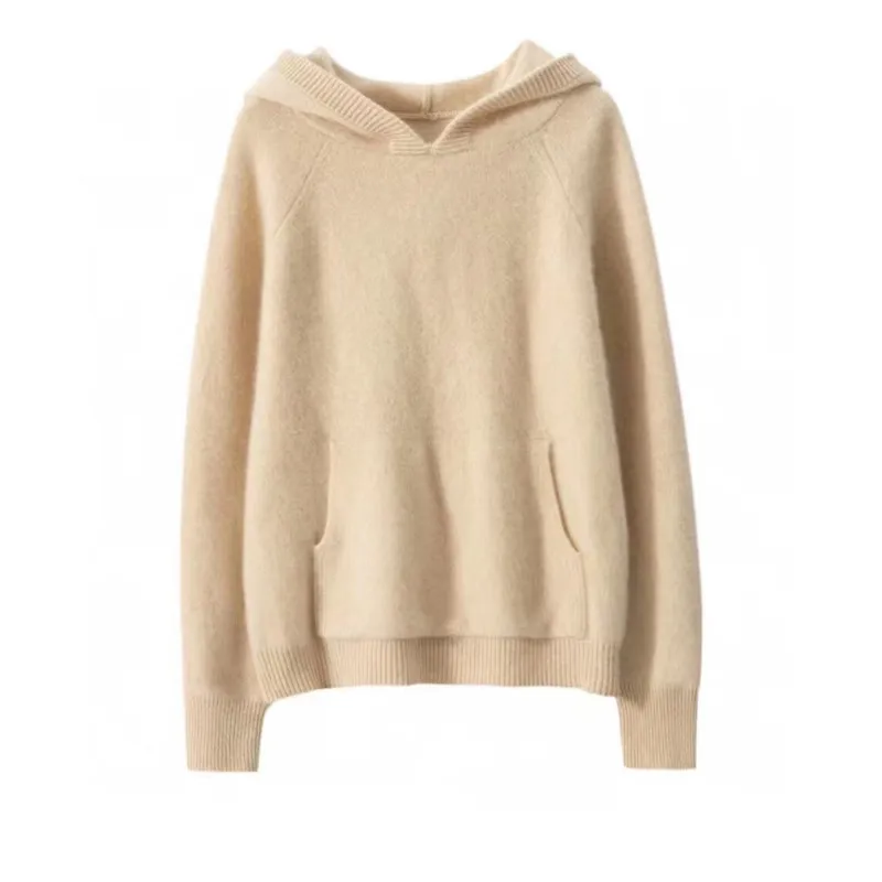 2023 Spring 100% Cashmere Sweater Women Knitted Hooded Pullovers Loose Lady\'s Grade Up Jumper Long Sleeve Soft Warm Tops Autumn