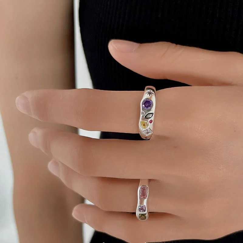 925 Sterling Zilveren Ringen Voor Vrouwen Hart Kleurrijke Steen Minimalistische Open Verstelbare Vinger Ringen Mode Band Vrouwelijke Bijoux