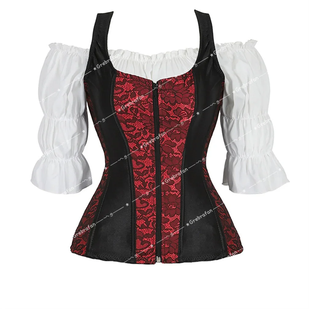 

Bustier Corset with Pirate Blouse Vintage Striped Corsets Bustiers with Straps Steampunk Zip Corsage Outfits Halloween Costumes