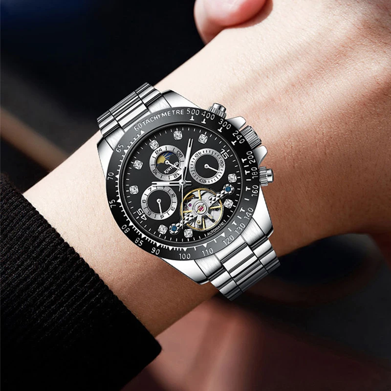 KINYUED Men Automatic Mechanical Watch Business Stainless Steel Wristwatch for Man Waterproof Hand Clock Date Month Watches