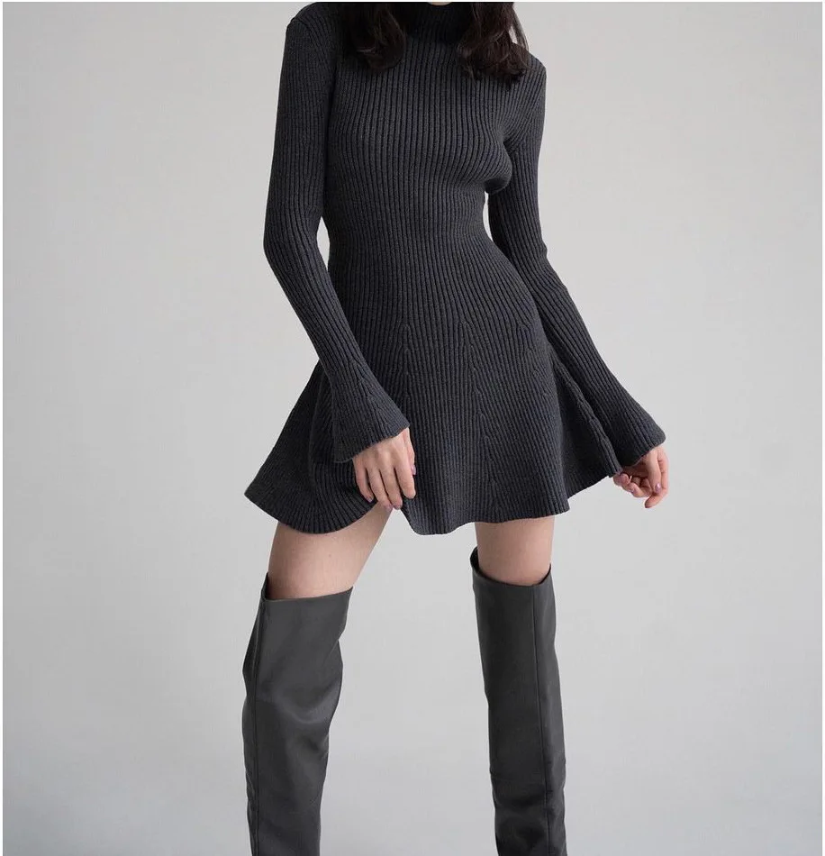 

2026 Spring New Women's Turtleneck Long Sleeve Solid Color Knit Dress Elegant Slim Waist Short Bodycon Dress