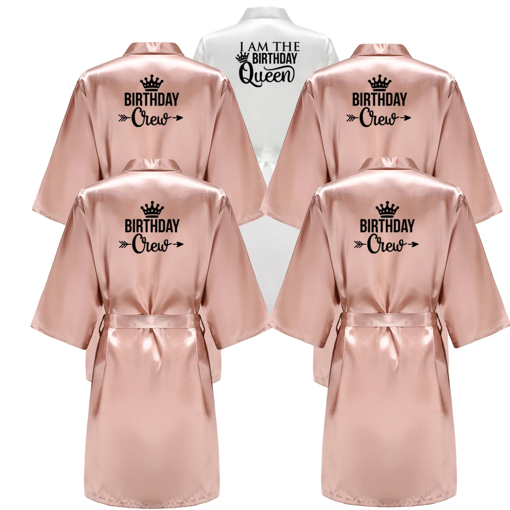 Birthday Party Queen Crew Robes Satin Pajamas Robe Dressing Gown Pajamas Black Writing Kimono Robe