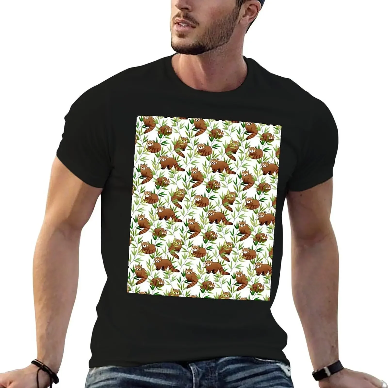 

Red Panda & Bamboo Leaves Pattern T-Shirt oversizeds heavyweights Men's t shirts