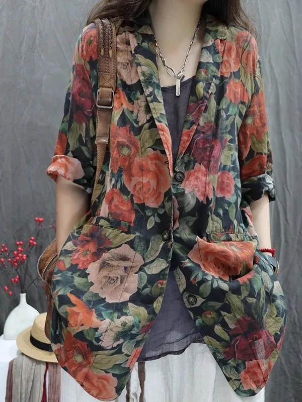 Retro Print Cotton Linen Women's Suit Loose Casual Versatile Long Sleeve Jacket Autumn 2026 Fashion Trend Plant Floral Pattern