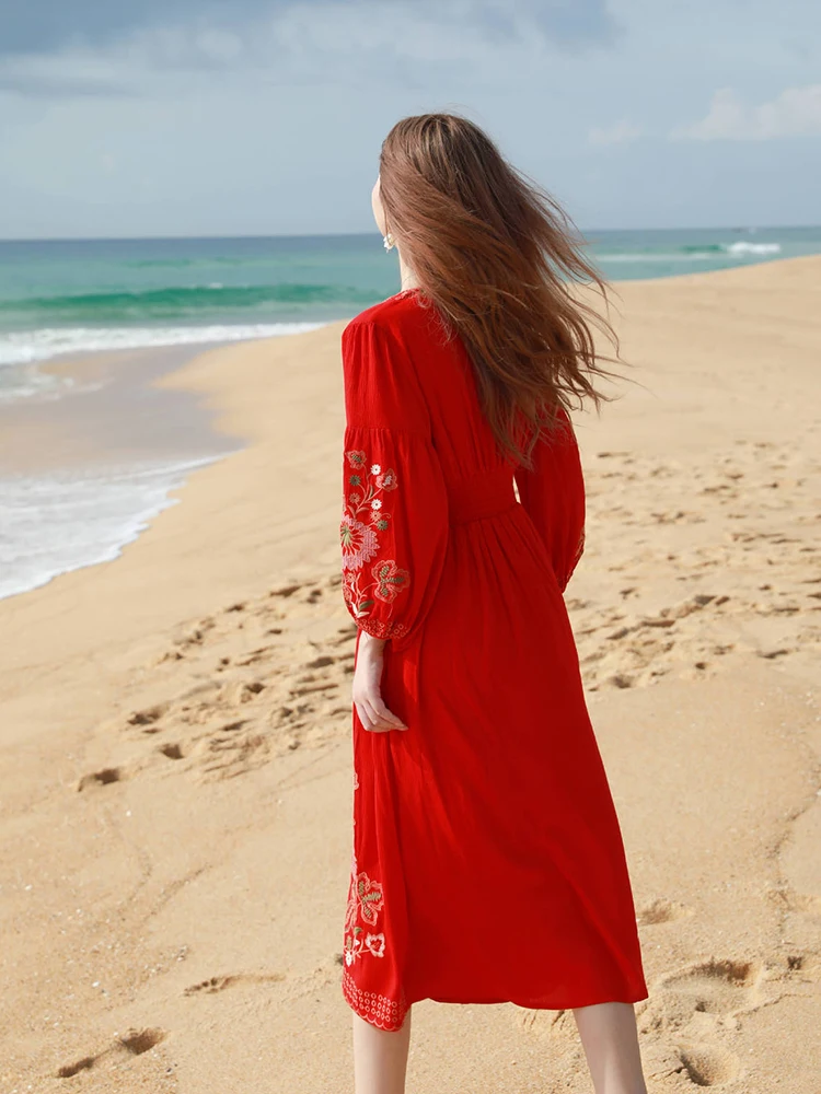 Gypsylady Floral Embroidery Boho Dress Cotton&linen V-neck Long Sleeve Vocation Beach Red Women Dresses Ladies Vestidos Robe New