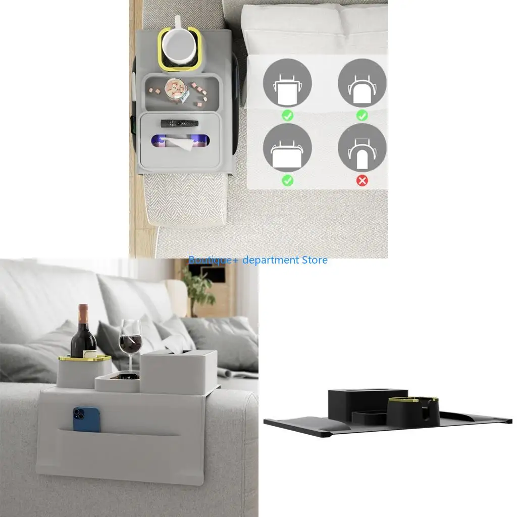 E1PD Sofa Armrest Cup Holder Rack With Deeply Grooves And Side Pockets For Beverages