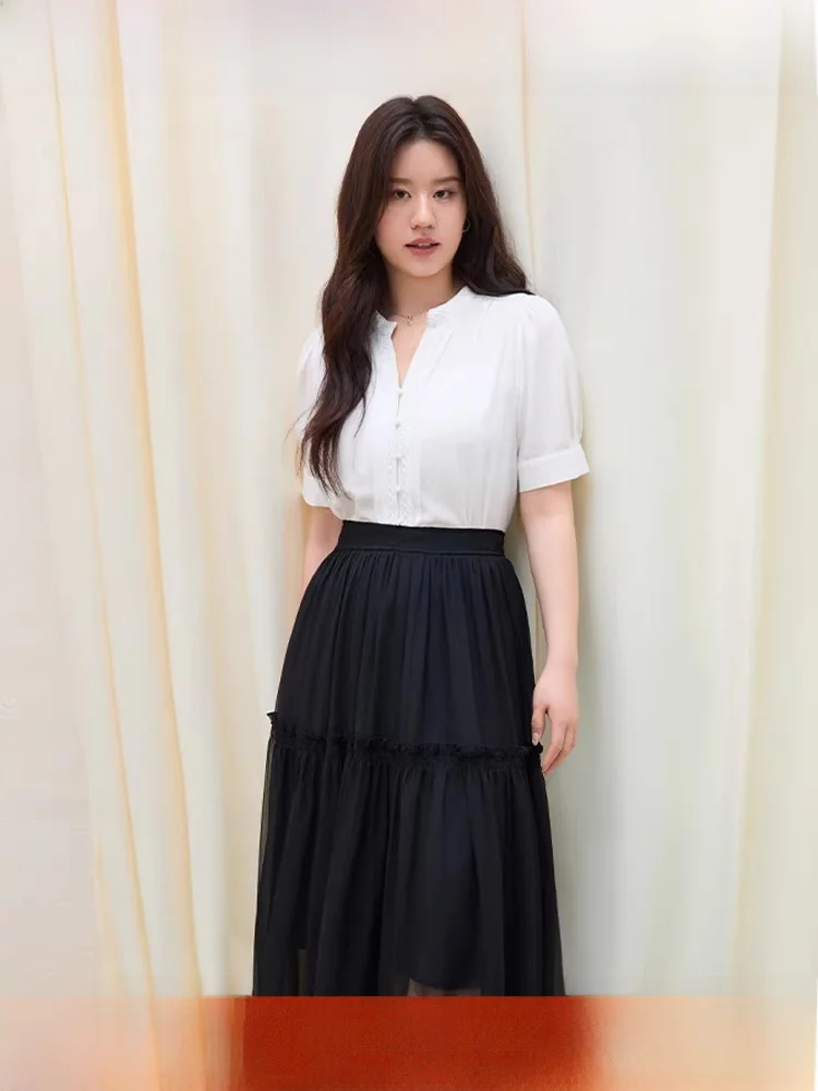 

Large Size Women's Faionable Ruffle Decorated ort Sve irt Commute Sle New Arrival Gentle Top Mid-Length V-Ne