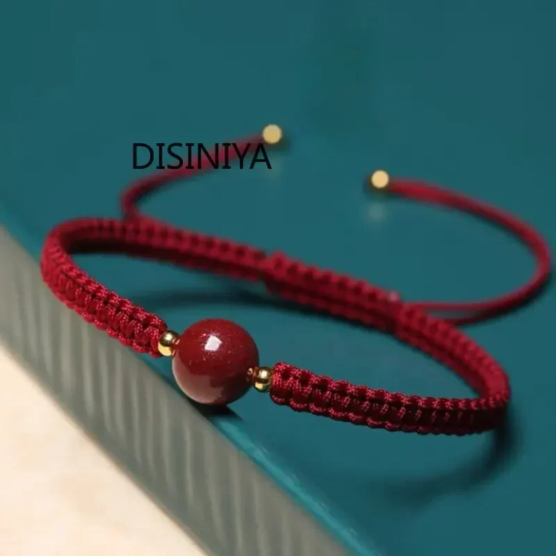 China Red Natural Cinnabar Green Pine Gem Friendship Rope Lucky Chain Lovers Bracelet Men and Women Talisman Dynamic Rope Gift