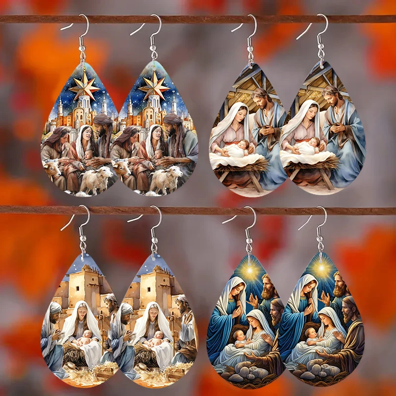 SOMESOOR Christmas Nativity Teardrop Earring Birth of Jesus Baby Holy night Print Wooden Drop Dangle Jewelry Good Friday Gifts