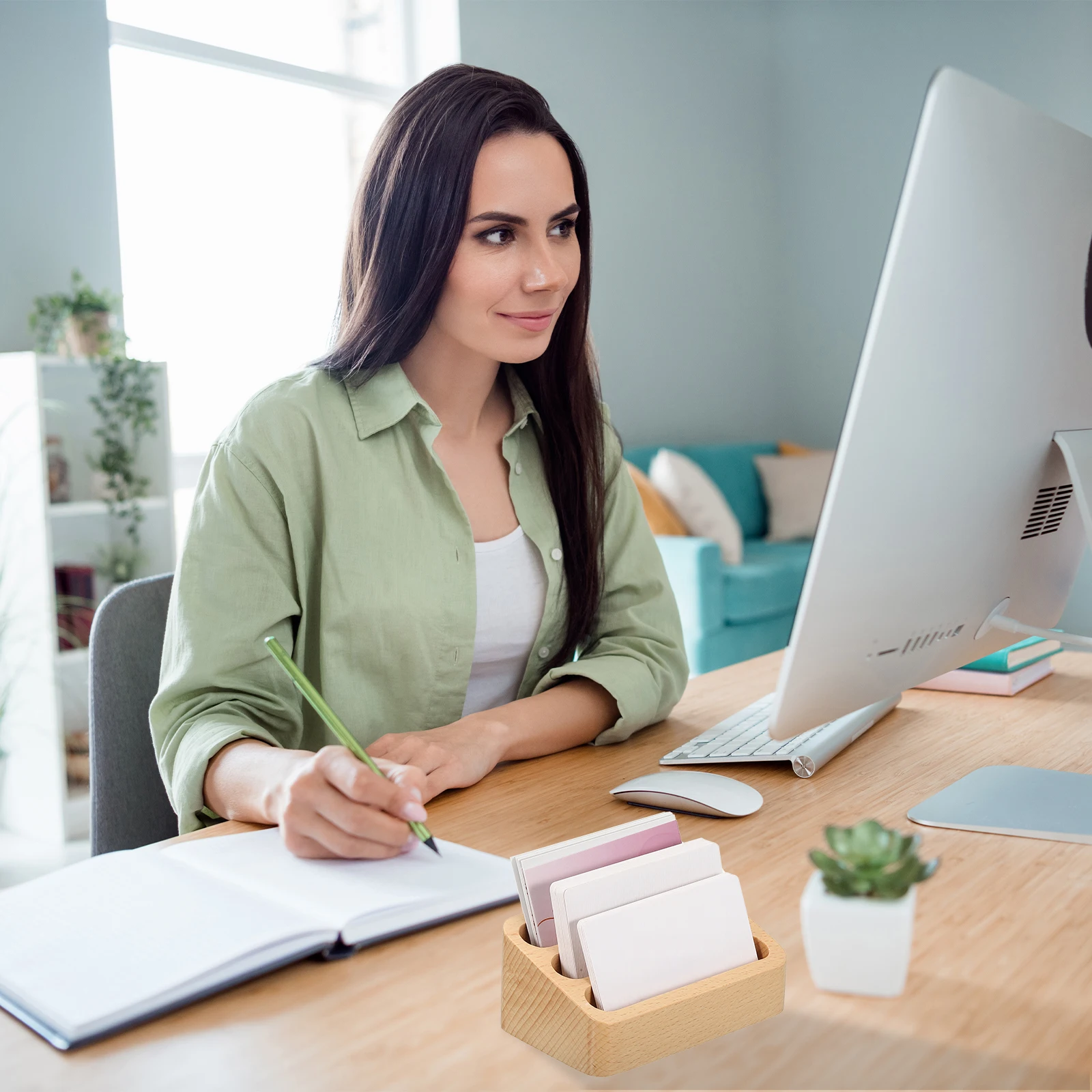 1/2Pcs Wood Desktop Business Card Display Stand Memo Holder Storage Box Beech Wood Card Organizer Office Business Card Holder