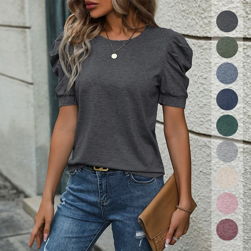 

2026 New Fashionable Casual Versatile Summer Top Solid Color Puff Sleeve T-Shirt for Women