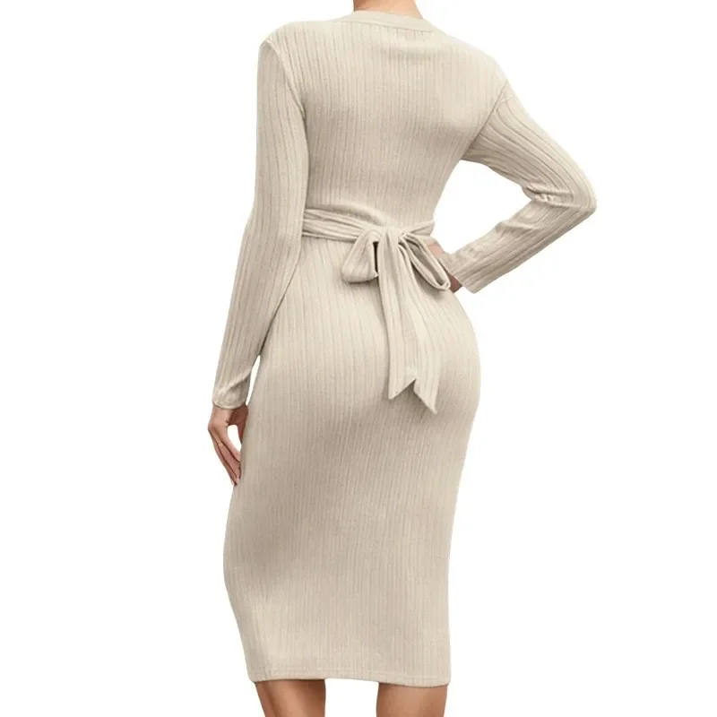 Maternity Clothing Long Sleeve Dress Cross Front Waist Tie Ribbed Bodycon Pregnancy Dress Autumn Winter Pregnant Woman