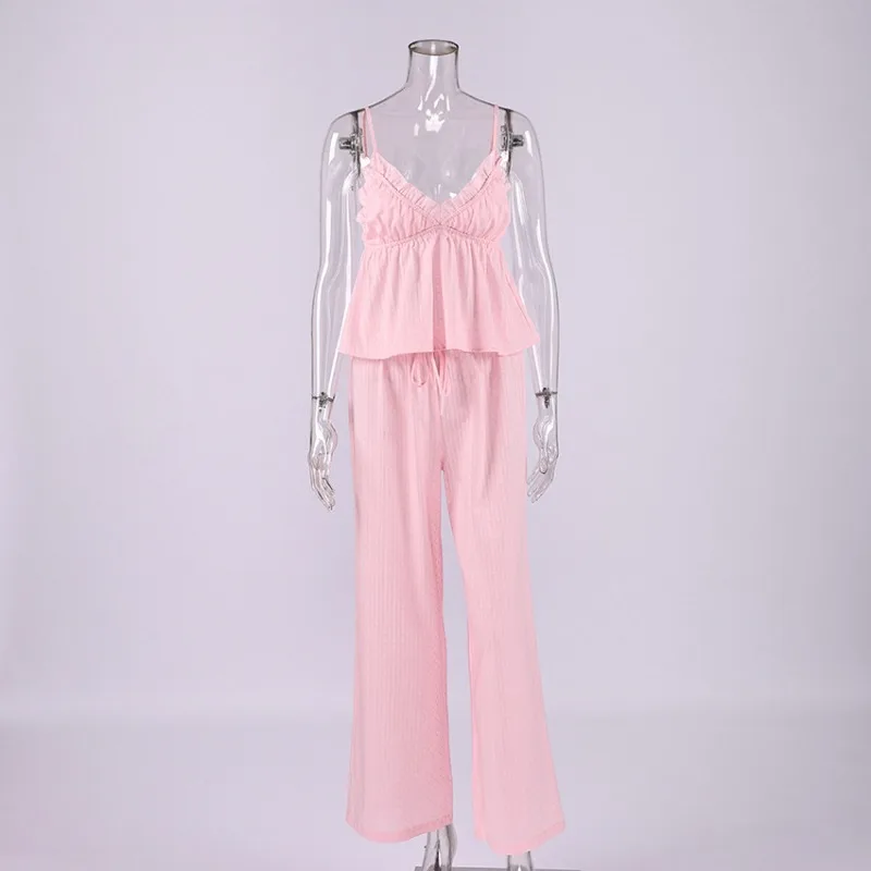 2026 Spring Summer Women's Loungewear Set Loose Comfortable Pure Cotton Jacquard Pajamas Suspenders Trousers Two Pieces L Size