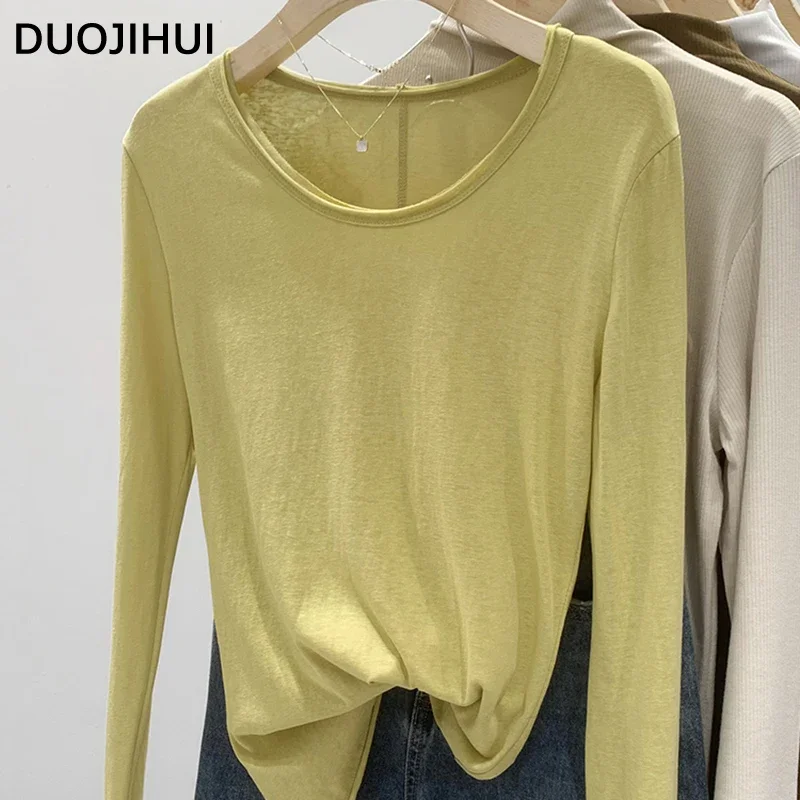 DUOJIHUI Pink Soft Slim Sweet Long Sleeves Female T-shirts Autumn Solid Color Basic O-neck Simple Casual Fashion Women T-shirts