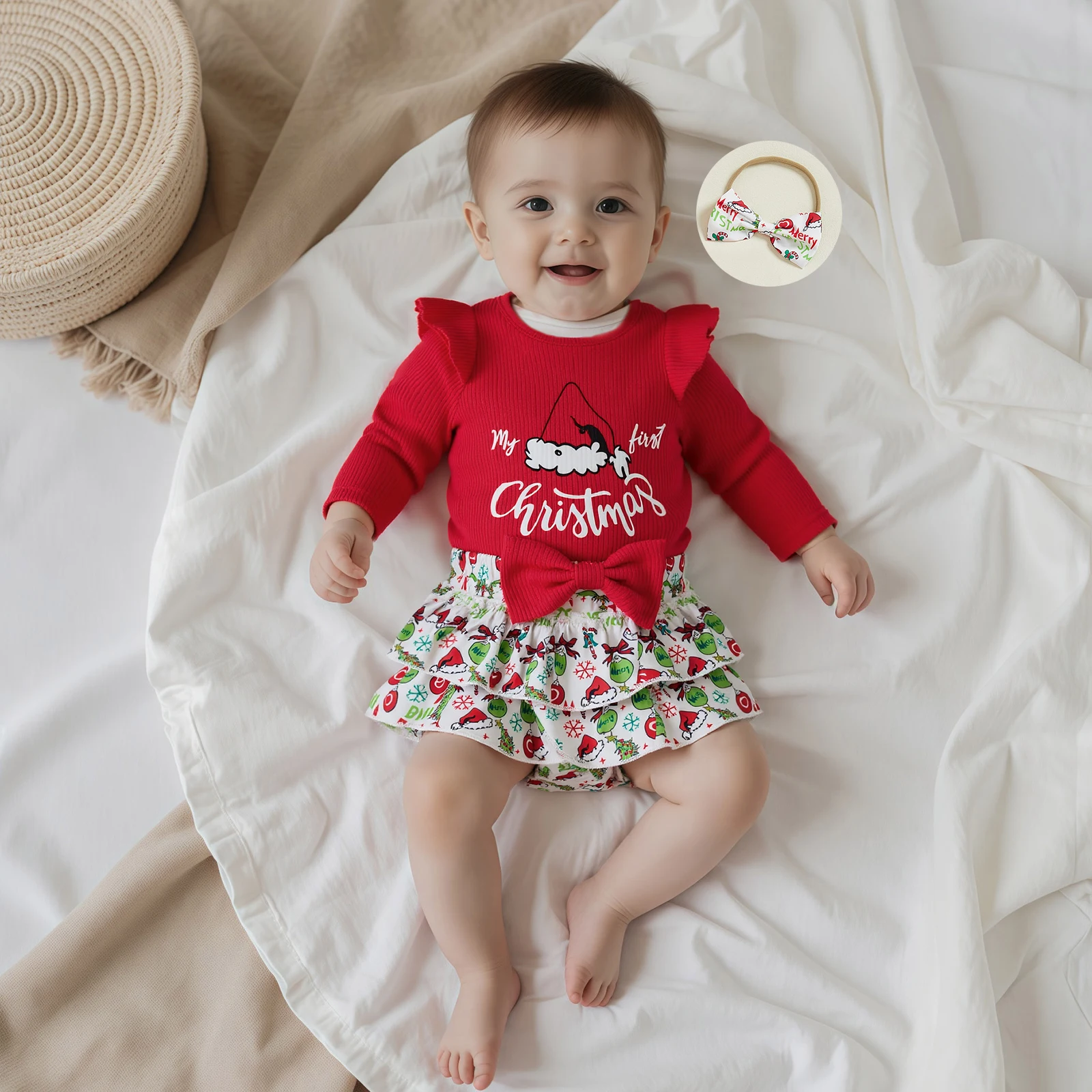 

Одежда для малышей, рождественский наряд для девочек, комбинезон с длинными рукавами и буквами, шорты с рюшами, повязка на голову и чулки с бантом, осенний комплект из 4 предметов