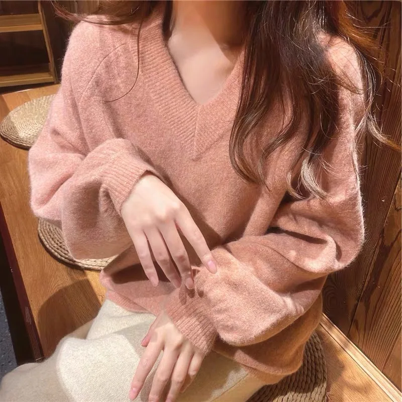 

Women Pullovers Sweaters Knitted V Neck Full Sleeve Jumpers Y2k Streetwear Elegant Splice Knit Solid Casual Loose Spring 2026