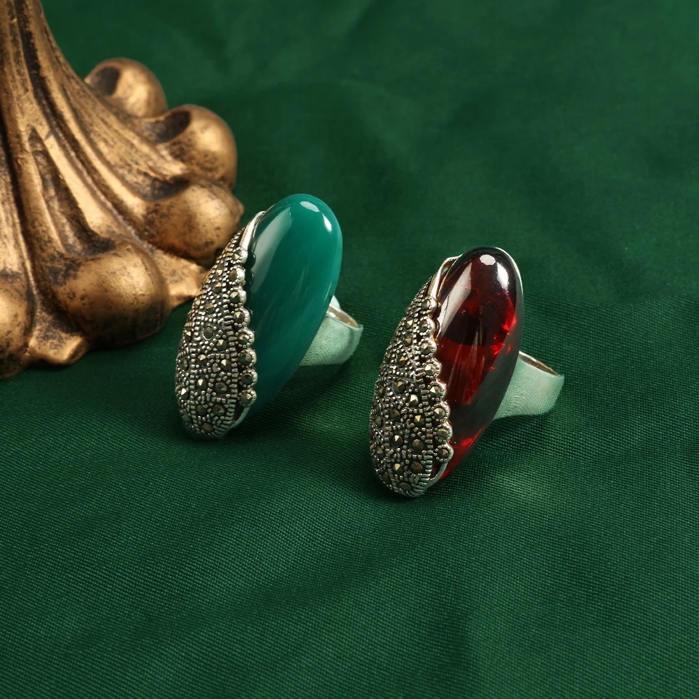 YYSuniee Retro Classic Solid 925 Sterling Silver Green Onyx Agate Ring with Chalcedony Gemstone Marcasite for Women Jewelry