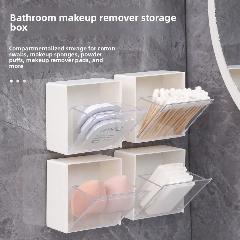 Wall Mounted Cotton Pad Holder Bathroom Storage Box No Drilling Makeup Organizer for Cotton Swabs Beauty Sponge Women Home