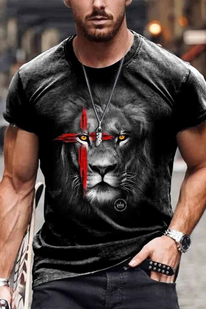 

2023 Summer Men's Printed Casual Crew Neck Short Sleeve T-Shirt Jesus Lion 3D Printed T Shirt