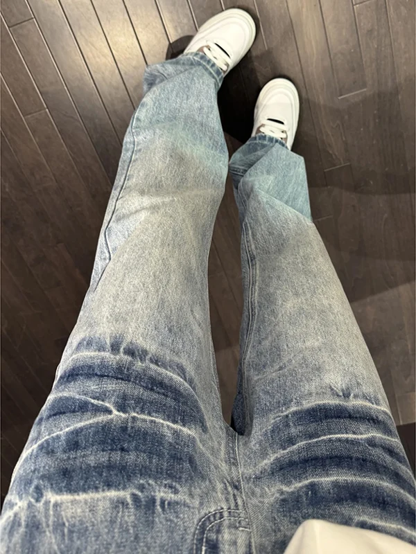 

Waed Blue Men's Jeans Trendy Vintage Lightning Pattern Bell Bot High Street American Sle Faded Denim Knife
