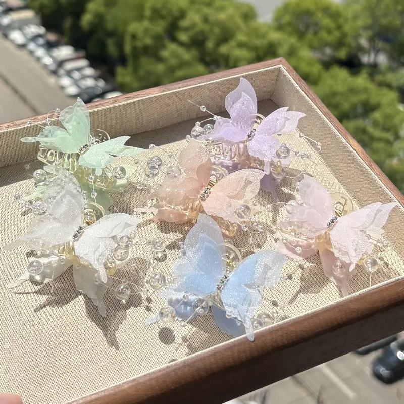 Pinzas de Pelo con Forma de Mariposa de Organza para Mujer, Pinzas de Pelo con Cuentas Brillantes, Accesorios para el Cabello para Fiestas, Bodas, Uso Diario, Accesorios para el Cabello de Niña