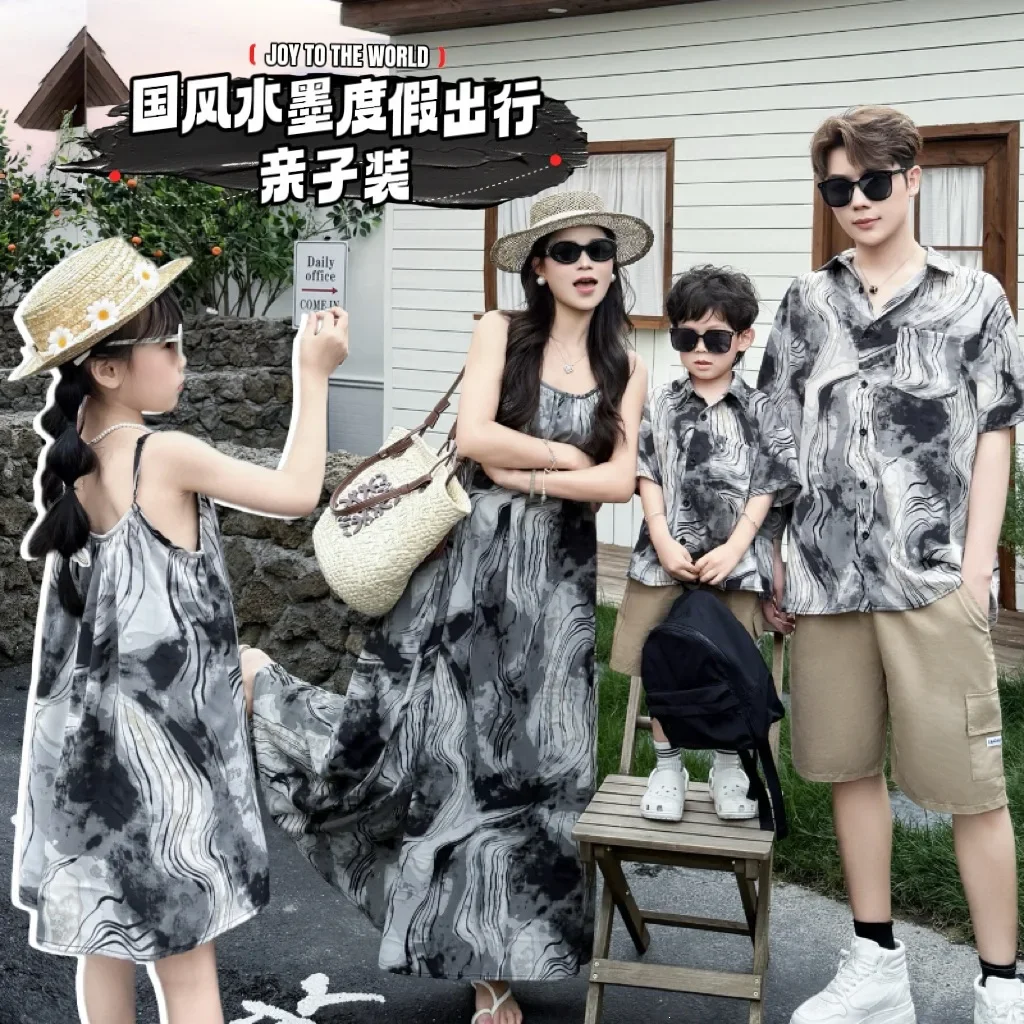 2026 Summer Family Matching Outfits Marble Print Mommy and Me Dress Dad Son Shirt Vacation Beach Casual Clothes