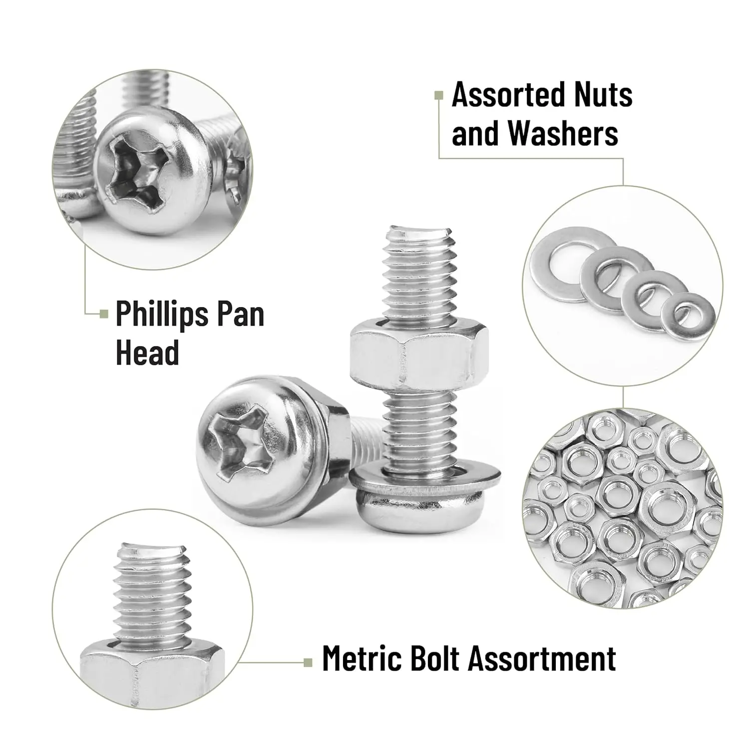 900pcs Stainless Steel Nuts Bolts Kit, M3 M4 M5 M6 Metric Screw Set with Flat Washers, Phillips Pan Head Machine Fasteners