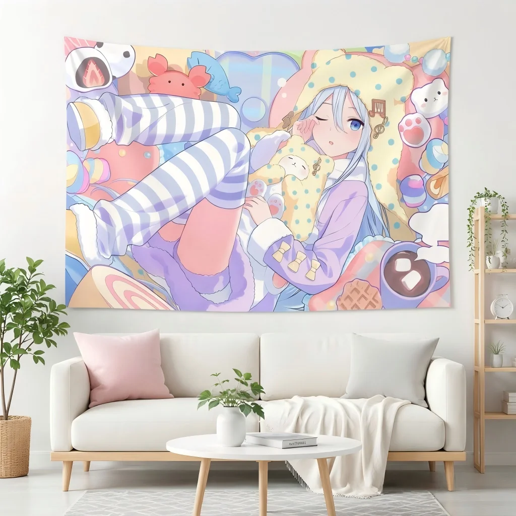 Kawaii Anime Girl Bear Hood Pajama Wall Hanging Cute Pastel Sweet Background Cloth Dorm Bedroom Decor Manga Wall Tapestry Fan