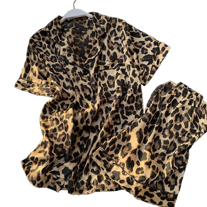 Leopard Print Nice Ice Silk Pajamas Set Women\'s Summer Short Sleeves Pyjamas High-end Pijama Sweet Loungewear Satin Sleepwear