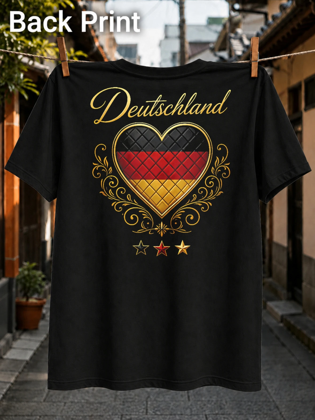 Deutschland lettering with quilted heart in German Fl-ag colors golden floral scrolls and stars  Unisex All T-Shirt