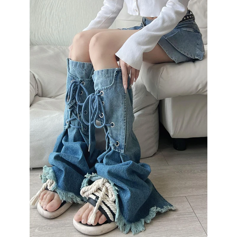 

PBAP Denim Gradient Ribbon Women Leg Warmers Wash Patchwork Raw Hem Knee Long Socks Ruched Flare Boots Cover Grayu Retro Clothes