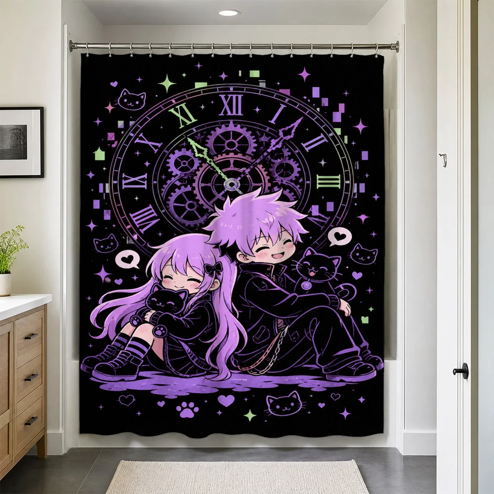 Waterproof Anime Shower Curtain Bathroom Decor Steampunk Clock Gear Anime Girls Cartoon Purple Water Resistant Curtain Liner Hom