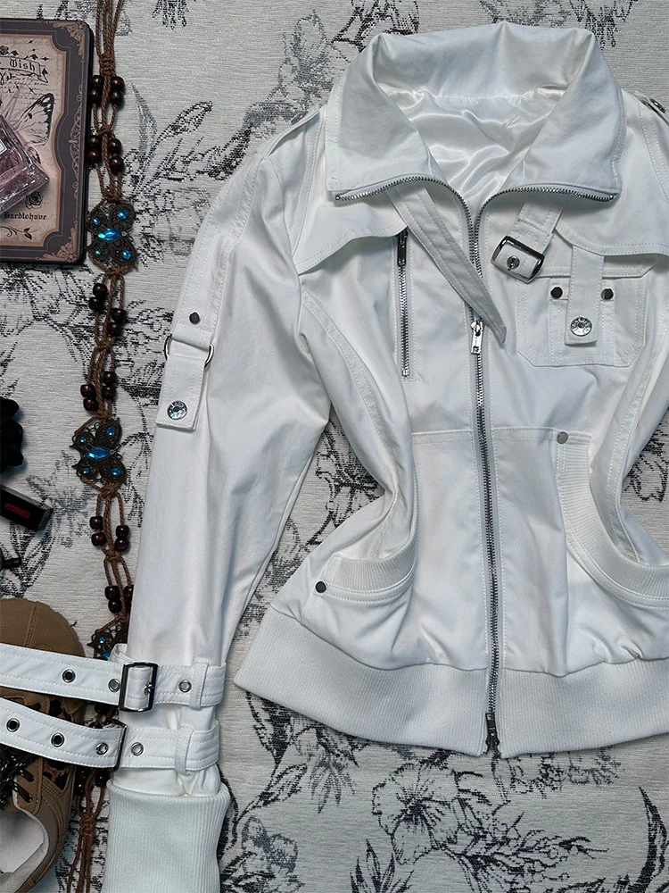 سترة دراجات نارية بيضاء أصلية بطراز Y2K من Aibi، ملابس خارجية للخريف المبكر، تصميم فريد وجميل للنساء، مزيج قطني مع سحاب وغطاء...