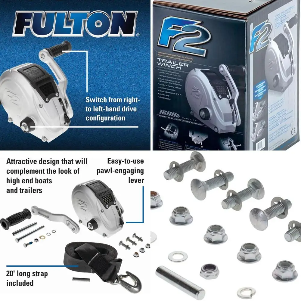 

FW16000101 F2 Boat Trailer Winch with 20 Foot Winch Strap with Hook, 1,600 lbs. Capacity, Single-Speed Hand Crank Winch, Dual Ge