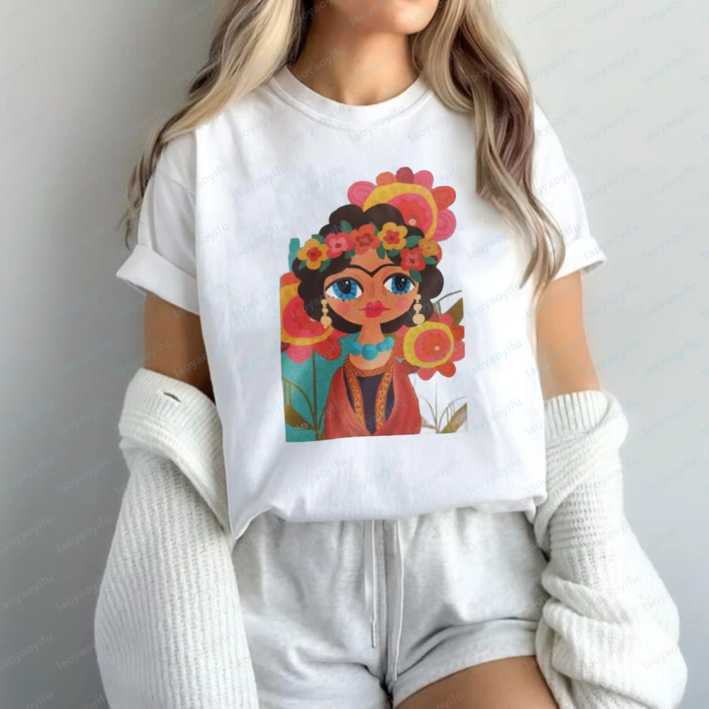 

Cute Frida Floral Head Print Tshirt Art Cultural Pride Tee Playful Casual Cotton Tops Summer Style Kawaii Clothes for Women Gift